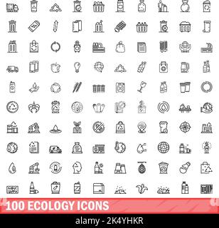 100 ecology icons set. Outline illustration of 100 ecology icons vector set isolated on white background Stock Vector