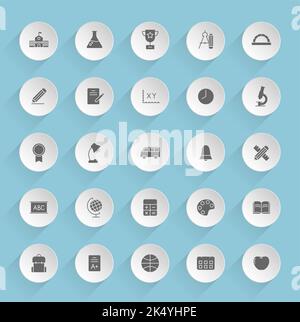 school vector icons on round puffy paper circles Stock Vector