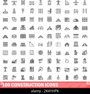 100 construction icons set. Outline illustration of 100 construction icons vector set isolated on white background Stock Vector