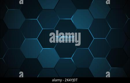 Dark blue hexagon abstract technology background with blue colored bright flashes under hexagon. Hexagonal gaming vector abstract tech background. Stock Vector