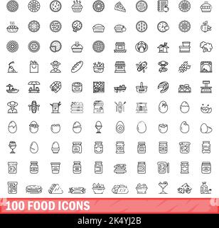 100 food icons set. Outline illustration of 100 food icons vector set isolated on white background Stock Vector