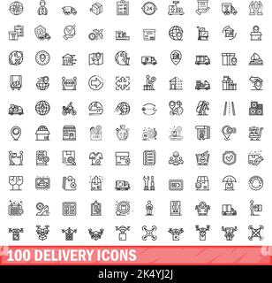 100 delivery icons set. Outline illustration of 100 delivery icons vector set isolated on white background Stock Vector