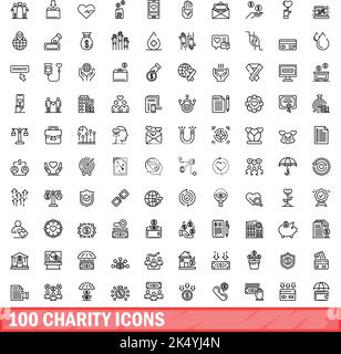 100 charity icons set. Outline illustration of 100 charity icons vector set isolated on white background Stock Vector