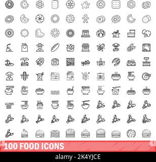 100 food icons set. Outline illustration of 100 food icons vector set isolated on white background Stock Vector