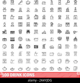 100 drink icons set. Outline illustration of 100 drink icons vector set isolated on white background Stock Vector