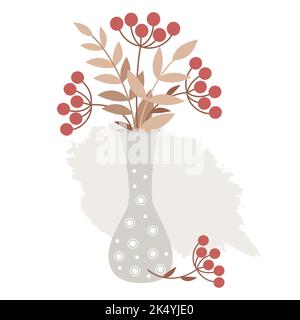 Vase with bouquet of red berries and leaves. Bunch of rowan and autumn branches with leaves. Vector illustration. For postcards, design, decoration, c Stock Vector