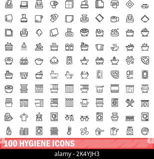 100 hygiene icons set. Outline illustration of 100 hygiene icons vector set isolated on white background Stock Vector