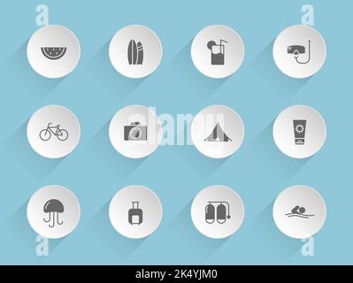 summer vector icons on round puffy paper circles Stock Vector