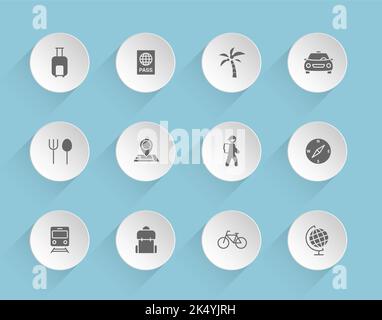 travel vector icons on round puffy paper circles Stock Vector