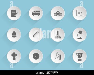 school vector icons on round puffy paper circles Stock Vector