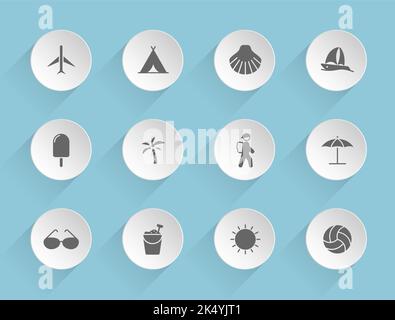 summer vector icons on round puffy paper circles Stock Vector
