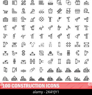100 construction icons set. Outline illustration of 100 construction icons vector set isolated on white background Stock Vector