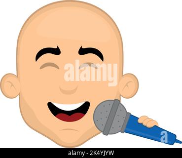 Vector illustration of the face of a bald man cartoon singing with a microphone in his hand Stock Vector