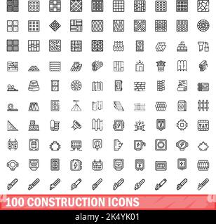 100 construction icons set. Outline illustration of 100 construction icons vector set isolated on white background Stock Vector