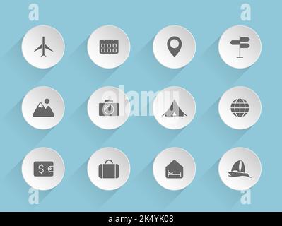 travel vector icons on round puffy paper circles Stock Vector