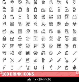 100 drink icons set. Outline illustration of 100 drink icons vector set isolated on white background Stock Vector