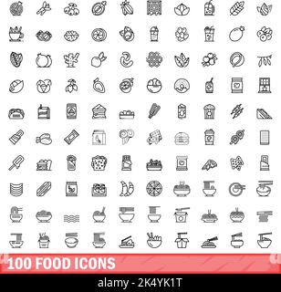 100 food icons set. Outline illustration of 100 food icons vector set isolated on white background Stock Vector
