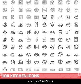 100 kitchen icons set. Outline illustration of 100 kitchen icons vector set isolated on white background Stock Vector