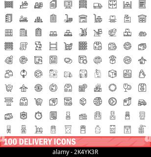100 delivery icons set. Outline illustration of 100 delivery icons vector set isolated on white background Stock Vector