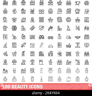 100 beauty icons set. Outline illustration of 100 beauty icons vector set isolated on white background Stock Vector