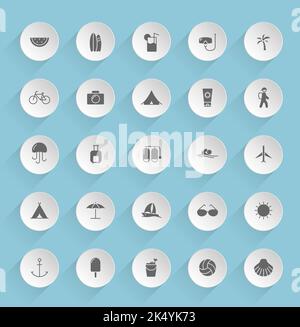 summer vector icons on round puffy paper circles Stock Vector