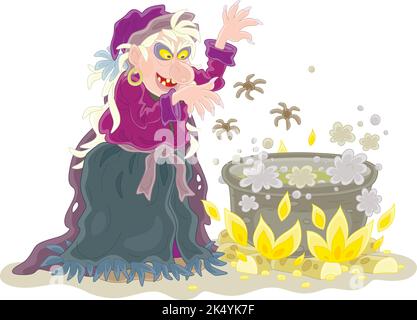 Angry Halloween witch whispering diabolical spells and cooking a black magic potion with spiders in her large cauldron, vector cartoon illustration Stock Vector