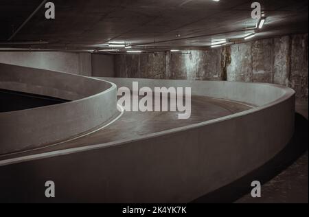 Perspective view of Curving shaped ramp on the high building for spiral ...