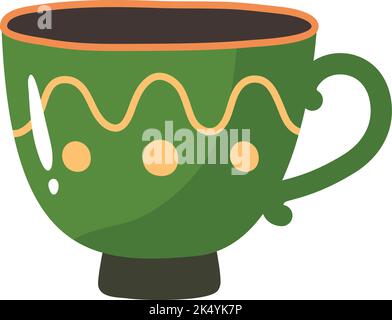 Ceramic cup cartoon icon. Green patterned mug Stock Vector
