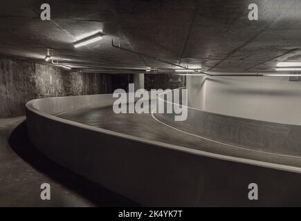 Perspective view of Curving shaped ramp on the high building for spiral ...