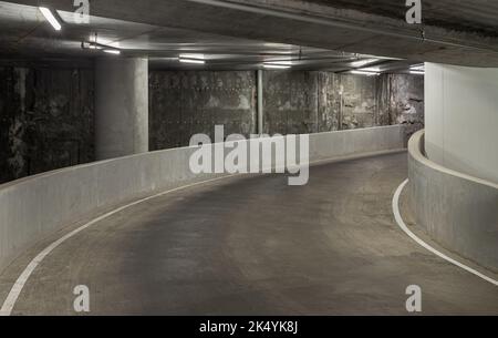 Perspective view of Curving shaped ramp on the high building for spiral ...