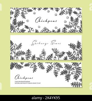 Set of hand drawn chickpeas botany backgrounds. Vector illustration in sketch style. Packaging design Stock Vector