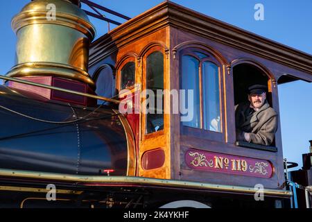 Engineer in Union Pacific steam engine 119, Golden Spike National Historic Site, Utah Stock Photo