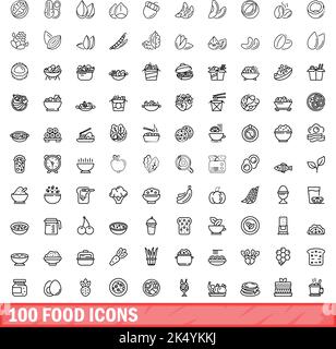 100 food icons set. Outline illustration of 100 food icons vector set isolated on white background Stock Vector