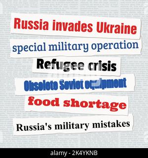 Russia Ukraine invasion news headlines. Newspaper clippings about Russia Ukraine war and refugee crisis. Stock Vector