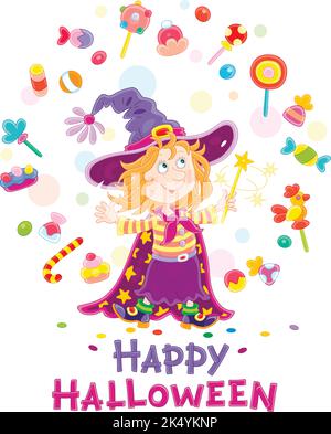Happy little Halloween witch illusionist waving her magic wand and conjuring funny tricks with flying colorful sweets, vector cartoon illustration Stock Vector