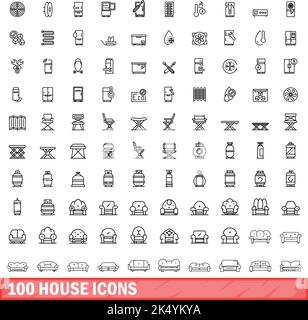 100 house icons set. Outline illustration of 100 house icons vector set isolated on white background Stock Vector