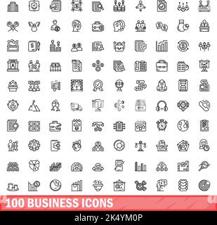 100 business icons set. Outline illustration of 100 business icons vector set isolated on white background Stock Vector
