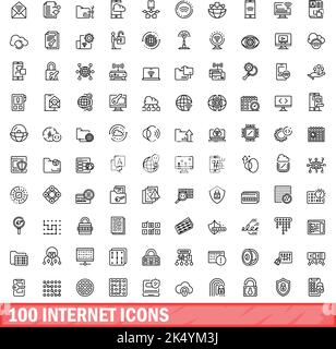 100 internet icons set. Outline illustration of 100 internet icons vector set isolated on white background Stock Vector