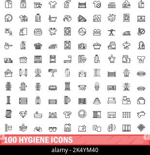 100 hygiene icons set. Outline illustration of 100 hygiene icons vector set isolated on white background Stock Vector