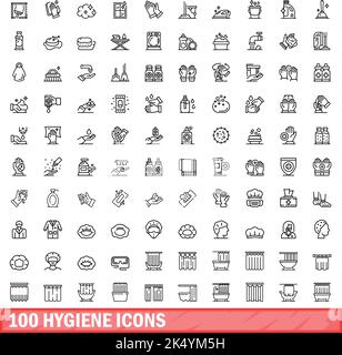 100 hygiene icons set. Outline illustration of 100 hygiene icons vector set isolated on white background Stock Vector