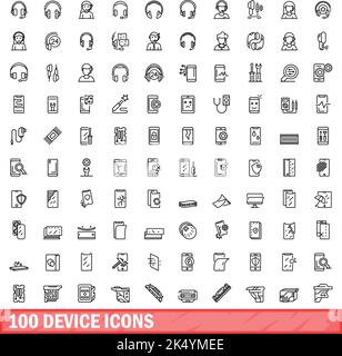 100 device icons set. Outline illustration of 100 device icons vector set isolated on white background Stock Vector