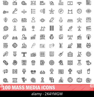 100 mass media icons set. Outline illustration of 100 mass media icons vector set isolated on white background Stock Vector