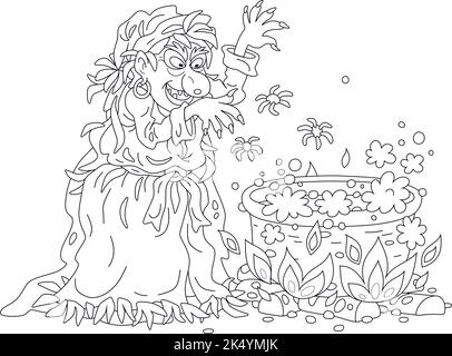 Angry Halloween witch whispering diabolical spells and cooking a black magic potion with spiders in her large cauldron, black and white vector cartoon Stock Vector