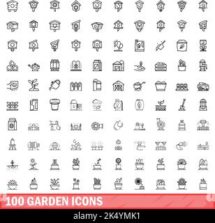 100 garden icons set. Outline illustration of 100 garden icons vector set isolated on white background Stock Vector