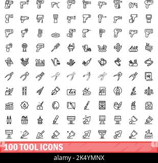 100 tool icons set. Outline illustration of 100 tool icons vector set isolated on white background Stock Vector