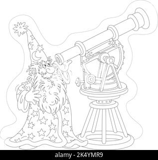 Wizard astrologer and astronomer with a big white beard watching stars and planets in the night sky with an old telescope Stock Vector