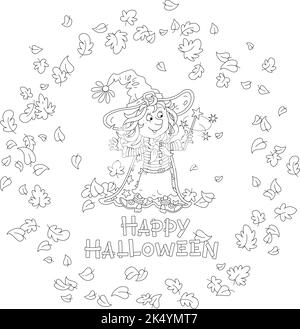 Happy little Halloween witch showing tricks with her magic wand and swirling autumn leaves, black and white vector cartoon greeting card Stock Vector