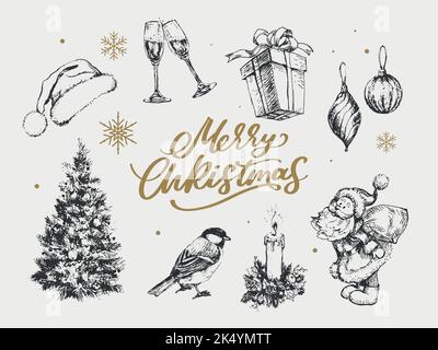 Merry Christmas. Happy New Year, 2023. Typography set. Vector logo, emblems, text design. Usable for banners, greeting cards, gifts etc. Stock Vector