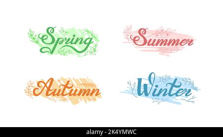 Hand written calligraphy, names of four seasons, on doodle marker strokes of various colors, with twigs, leaves. Horizontal calendar design elements Stock Vector