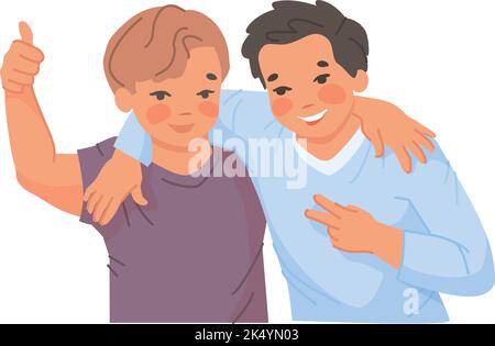 Two boys hugging, best friends, happy smiling kids vector illustration ...